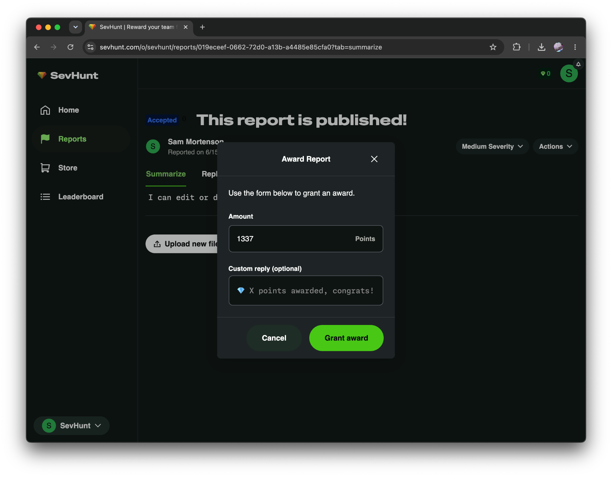 A screenshot showing the award report modal.