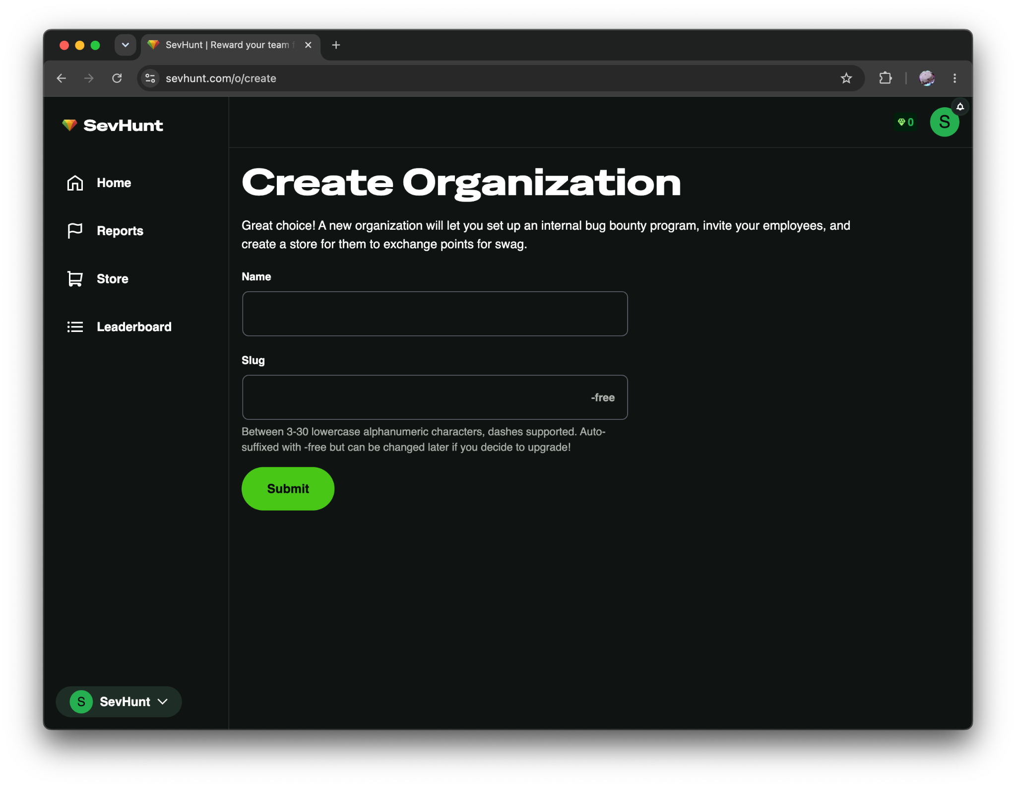 A screenshot of the create organization page