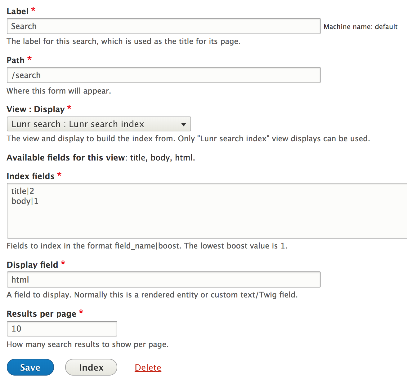 The Lunr search blog configuration form.