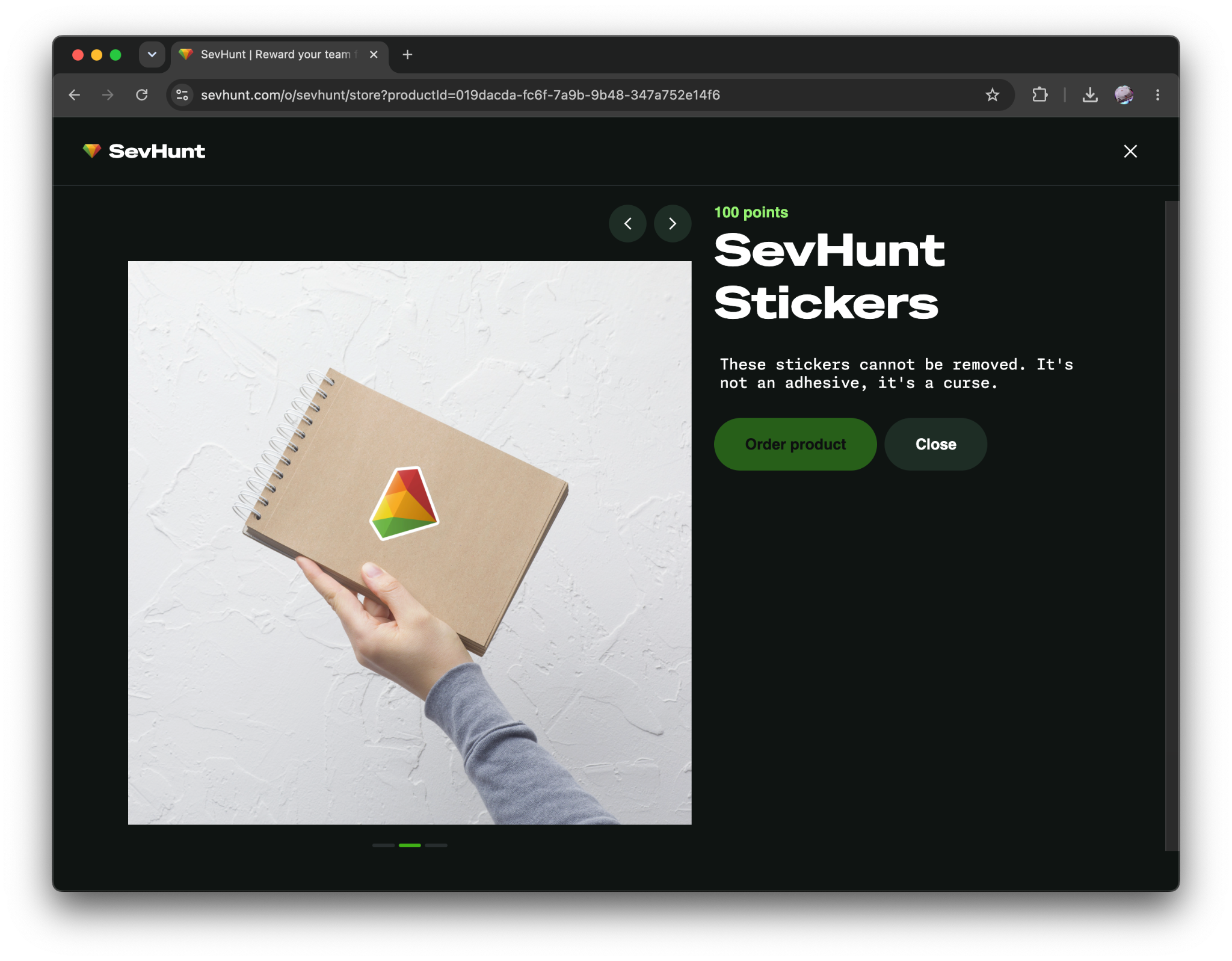 A screenshot showing the purchase modal for the SevHunt Stickers product