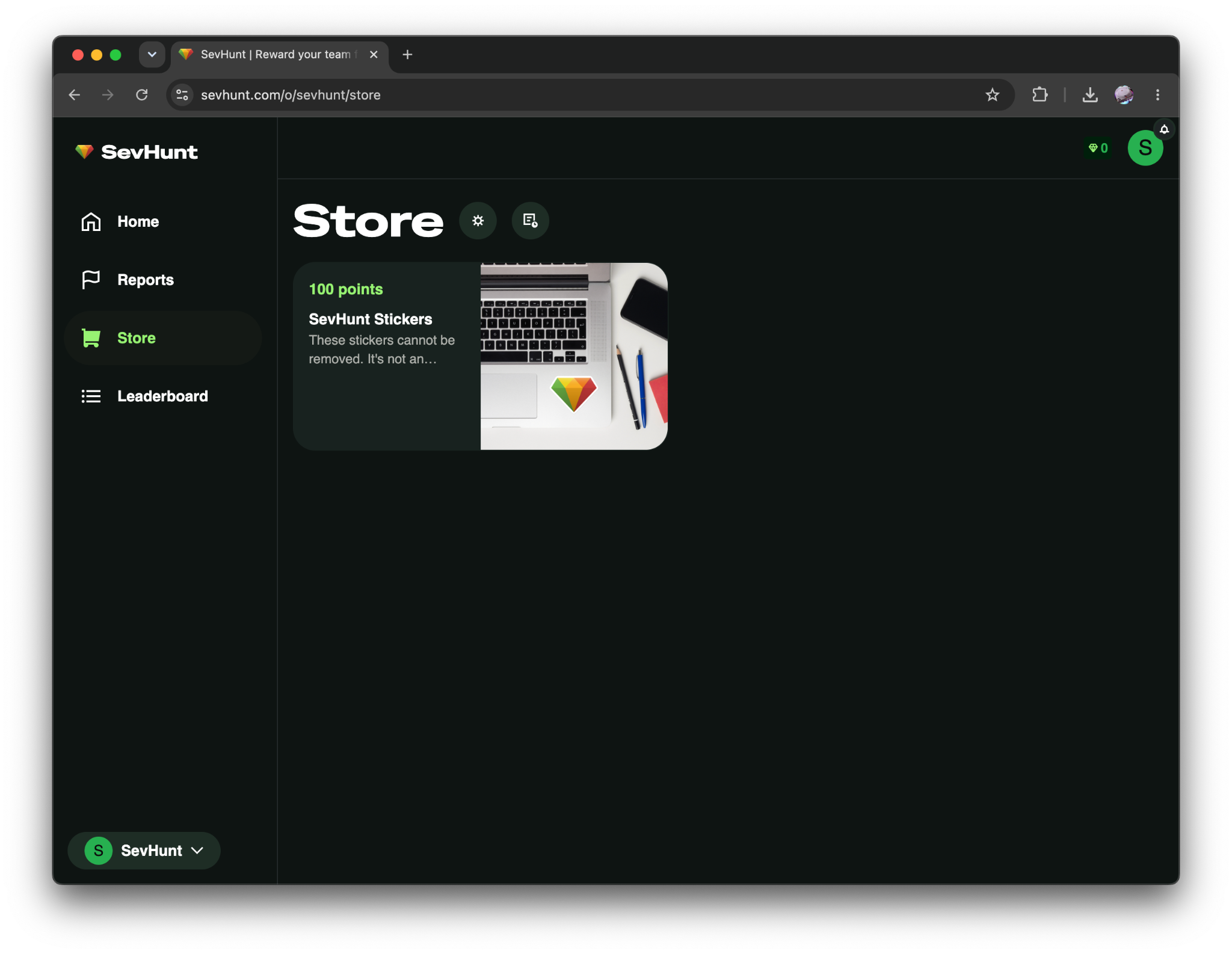 A screenshot of the Store page, showing a product called "SevHunt Stickers" worth 100 points