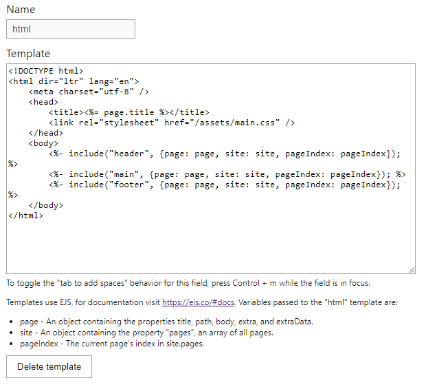 A screenshot showing the tabcms template edit form.